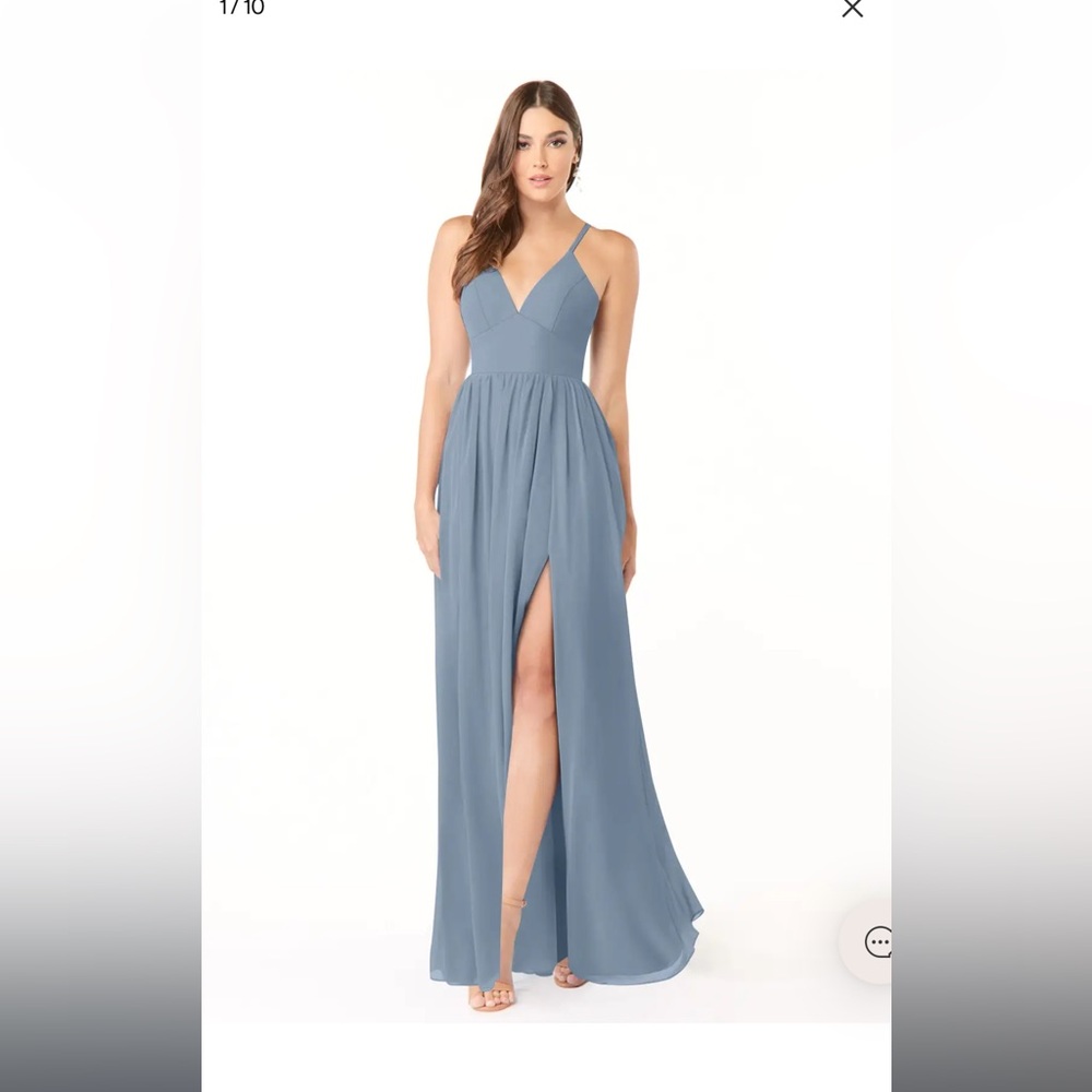 Azazie Blue Maxi Dress with V-Neckline and Spaghetti Straps